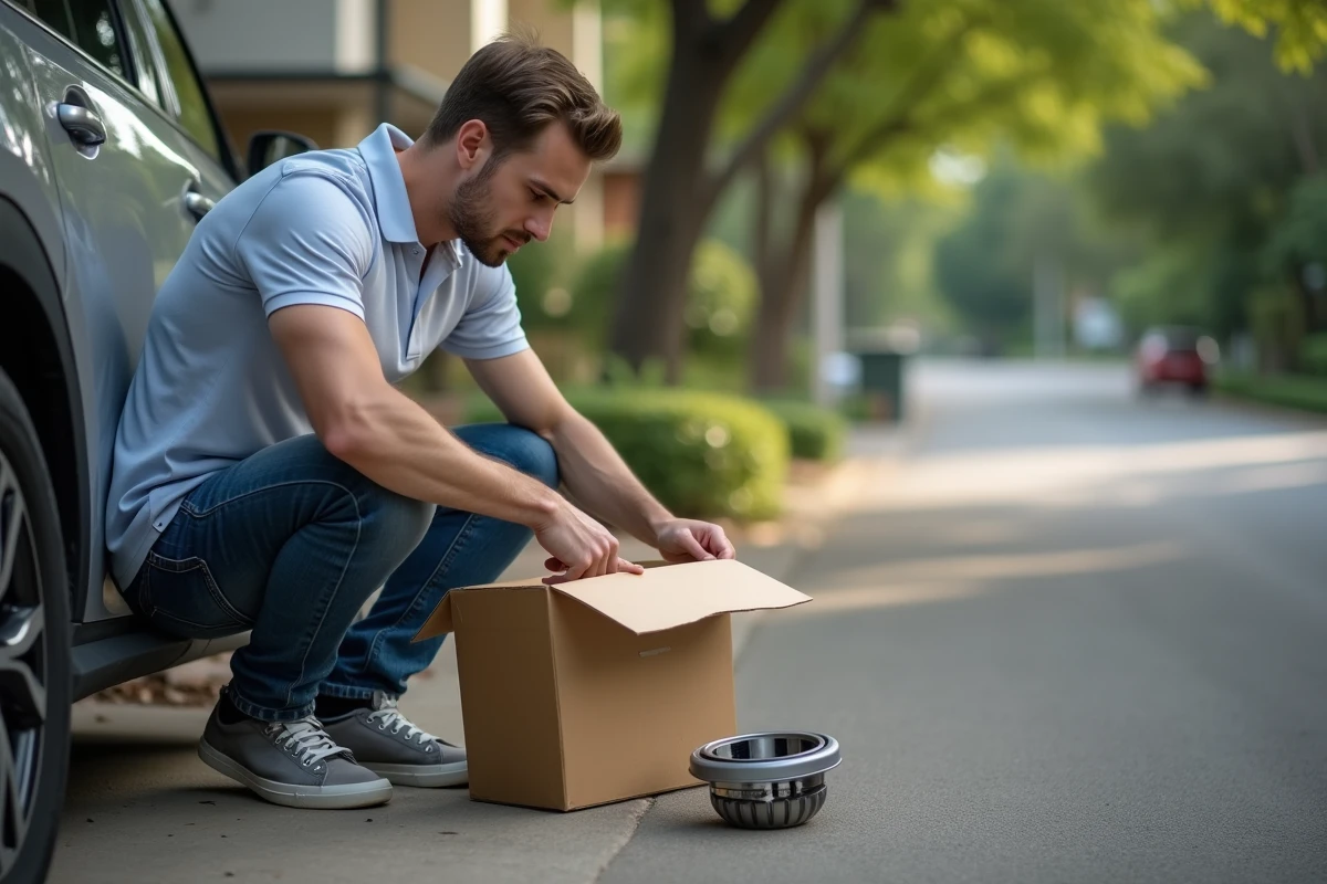Jeune homme déballant une pièce auto sur sa voiture