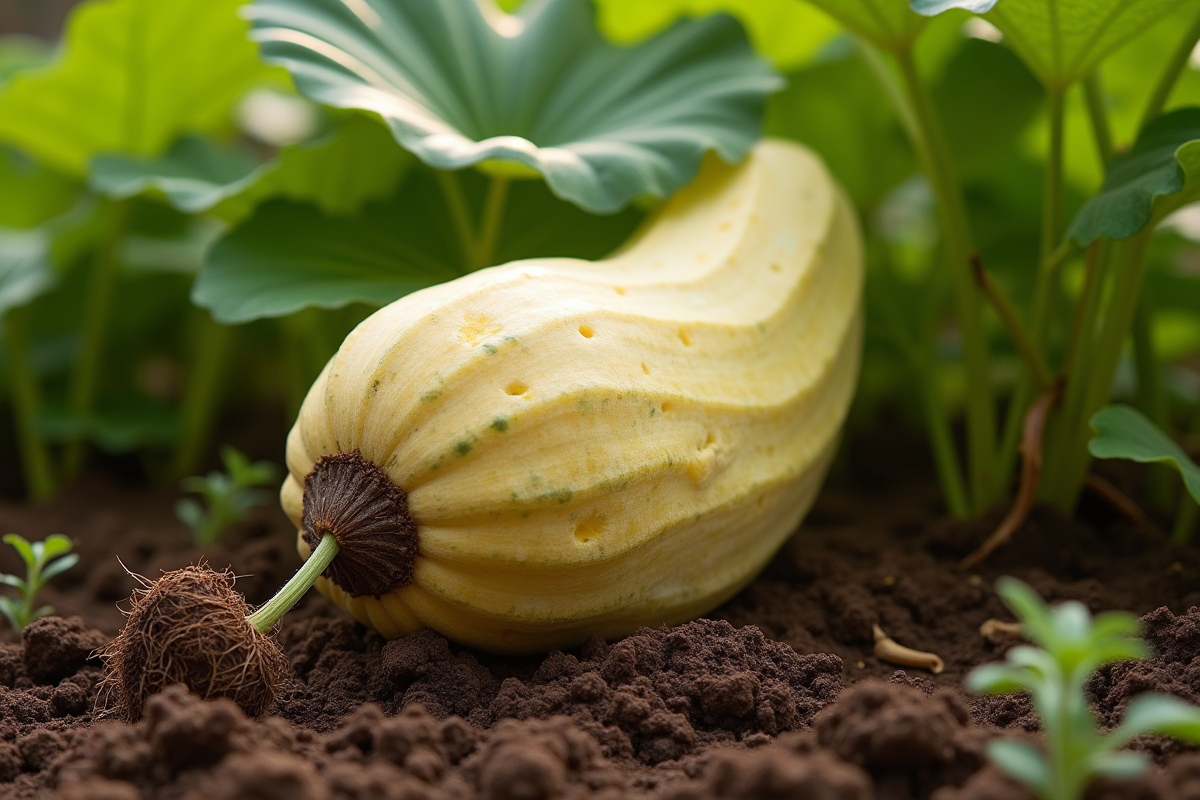 Jicama entier dans un jardin avec sol et feuillage