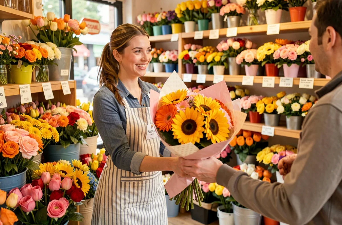 Fleuriste de Jolies Fleurs à Arras remettant un bouquet de tournesols et gerberas à une cliente souriante