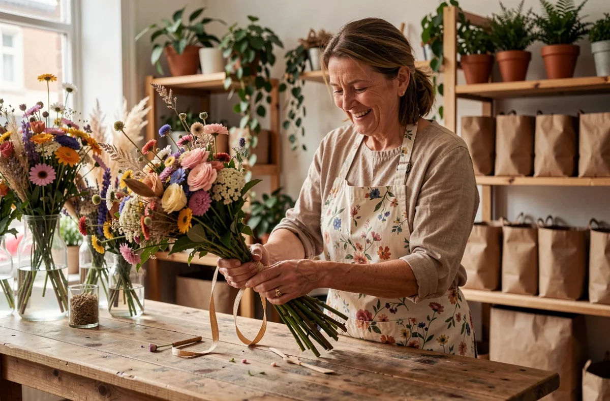 Josette, fleuriste engagée à Arras, préparant un bouquet de fleurs locales avec du raphia naturel