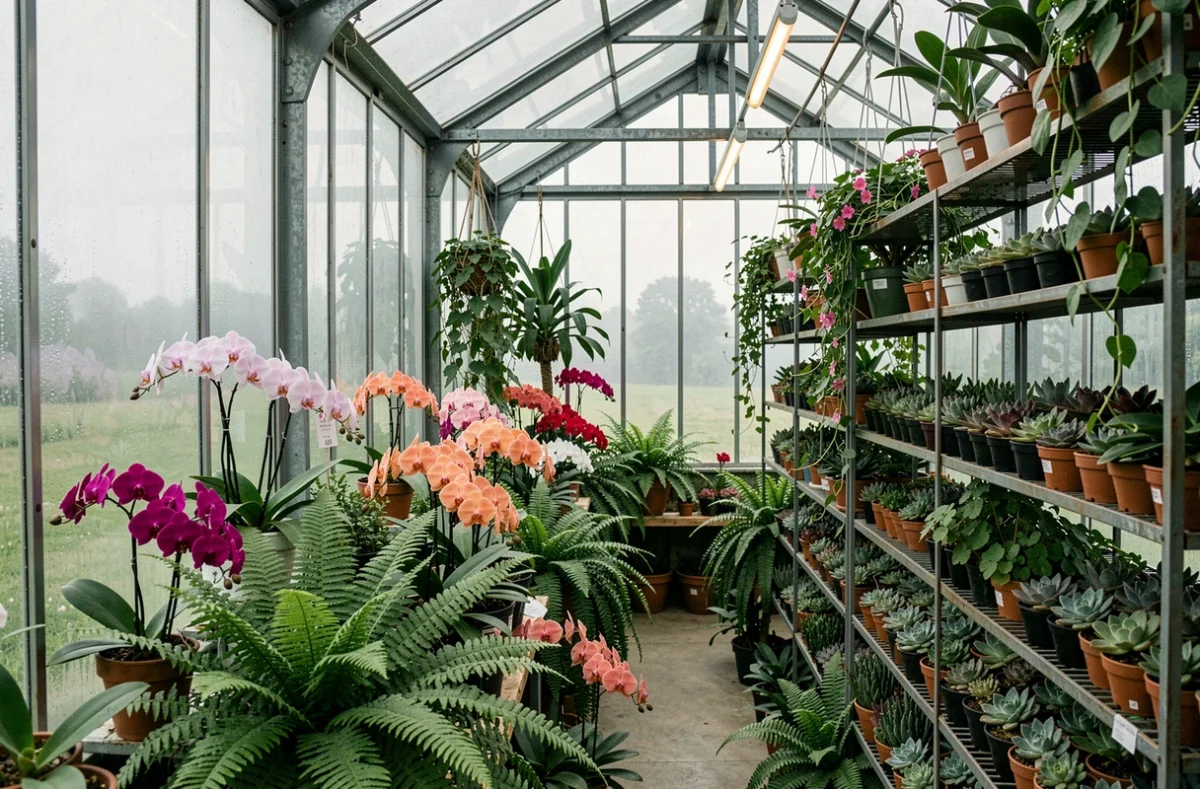 La Serre des Joncs à Saint-Nicolas, boutique florale en verre avec orchidées, fougères tropicales et plantes grimpantes