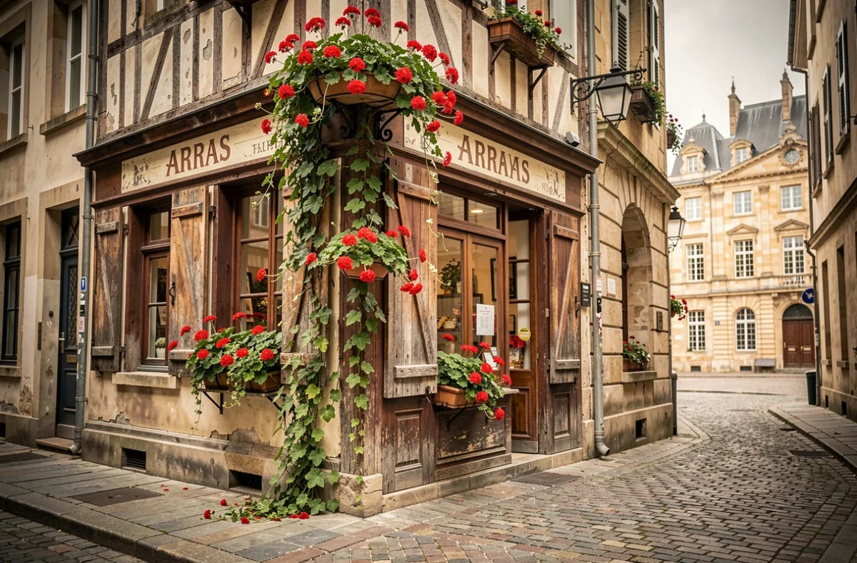 Façade historique de la boutique Le Fleuriste à Arras avec des géraniums en cascade et une architecture flamande