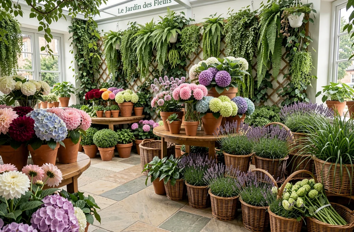 Intérieur fleuri du Jardin des Fleurs à Arras avec des dahlias, hortensias et plantes grimpantes sur treillage