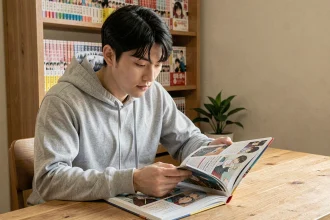 Jeune homme lisant un manhwa coréen assis à un bureau en bois entouré de volumes de BD