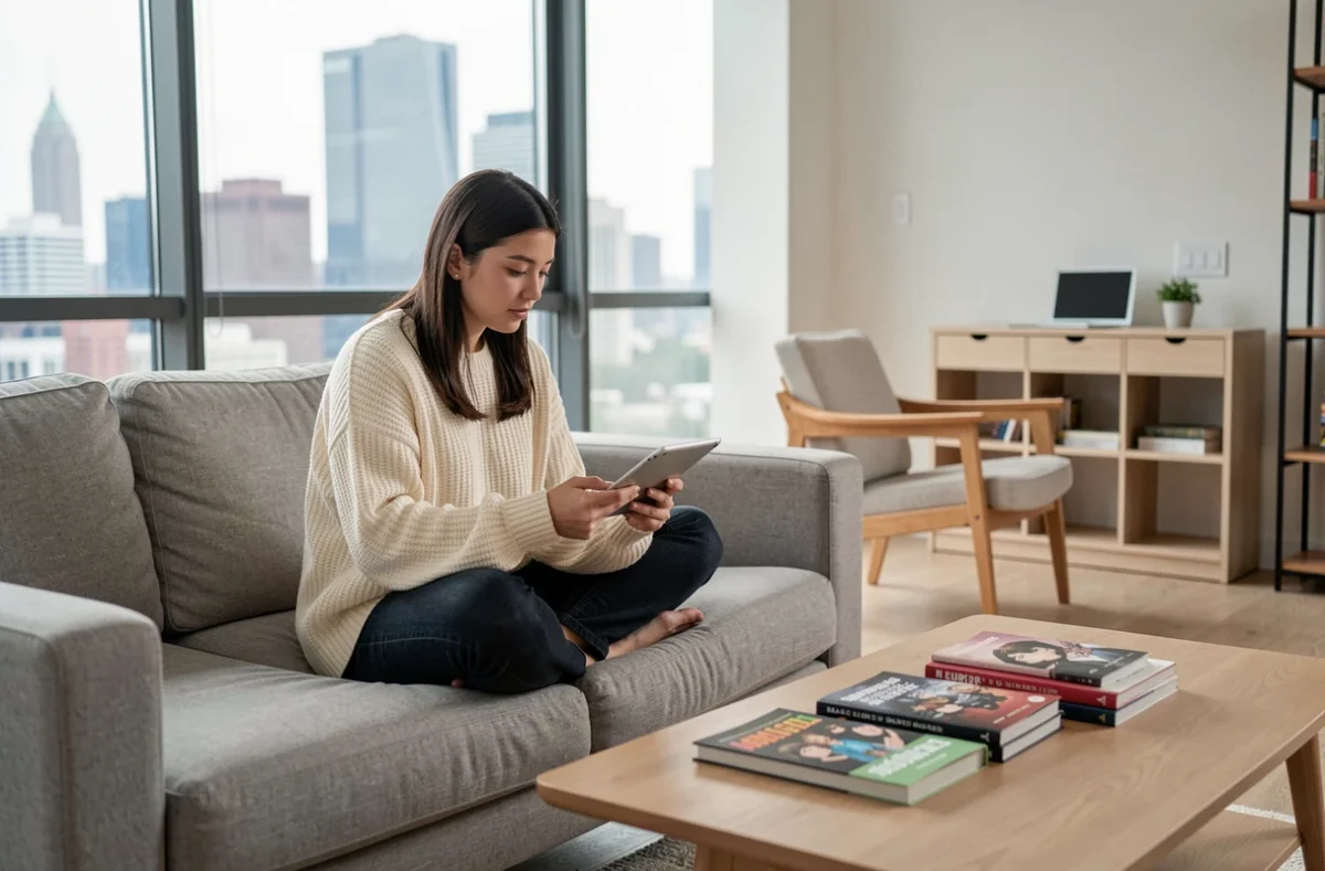 Jeune femme lisant des chapitres de manhwa sur une tablette dans un appartement moderne