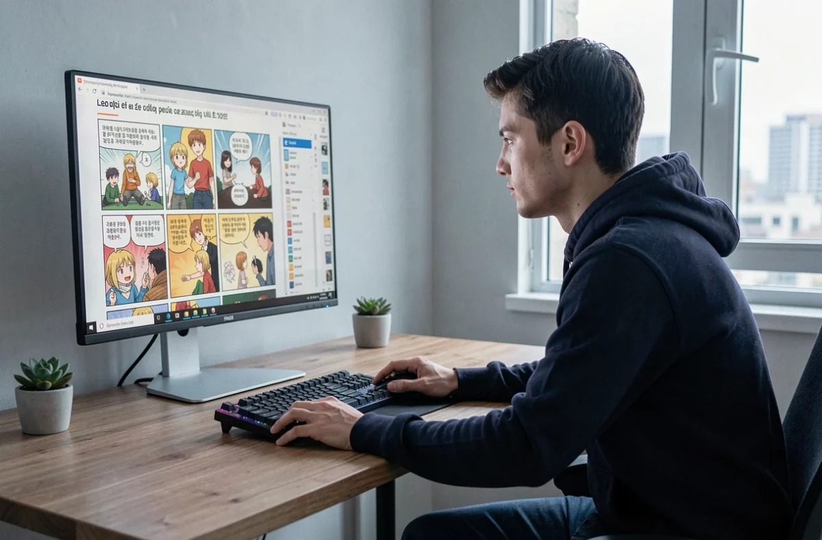Homme lisant un webtoon en français sur grand écran dans un bureau moderne à domicile