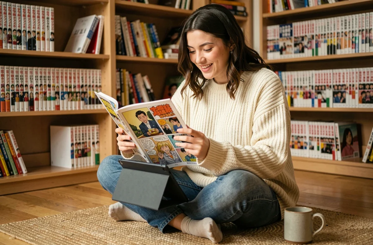 Jeune femme lisant un webtoon VF sur tablette dans un appartement cosy entouré de mangas