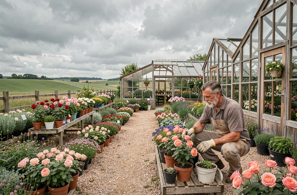 Les Jardins d'Olivier à Méricourt, pépinière en plein air avec des roses en pot et des plantes vivaces sous ciel normand