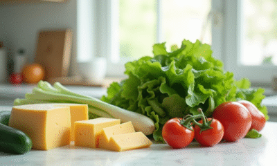 Légumes verts et fromages sur plan de travail lumineux