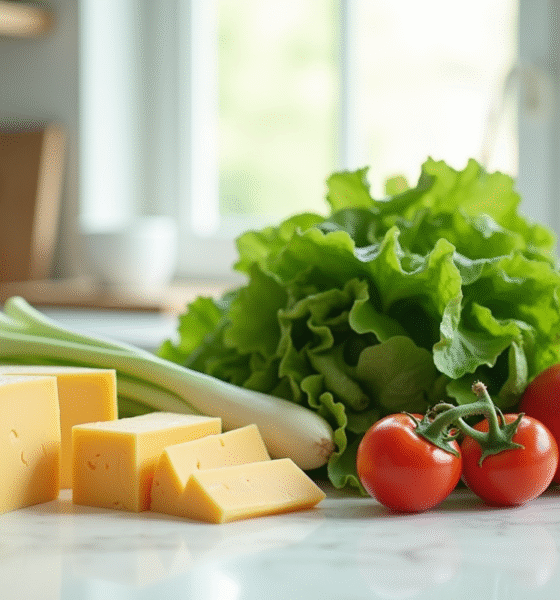 Légumes verts et fromages sur plan de travail lumineux
