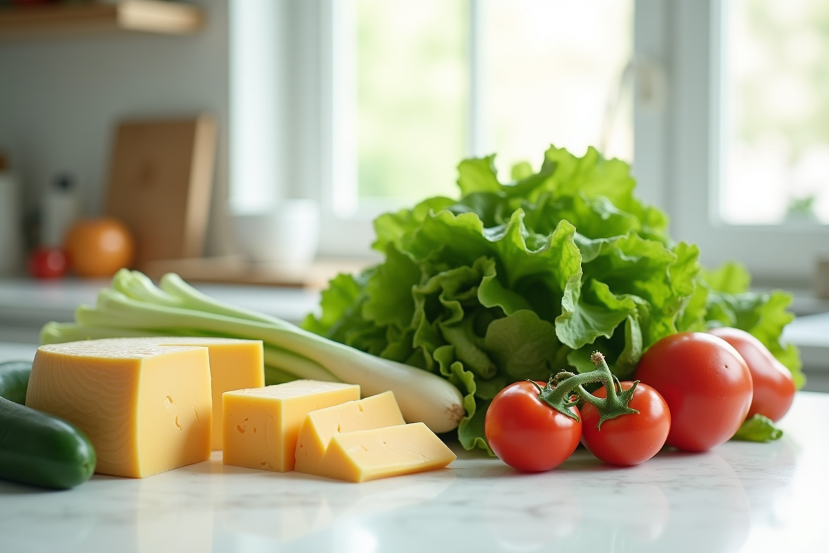 Légumes verts et fromages sur plan de travail lumineux
