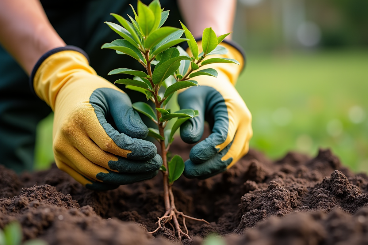 Mains en gants plantant un arbuste japonais dans la terre humide
