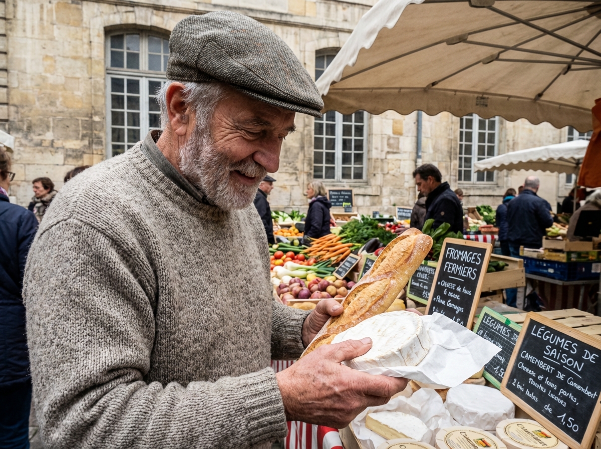 Homme âgé achetant du pain et du fromage au marché