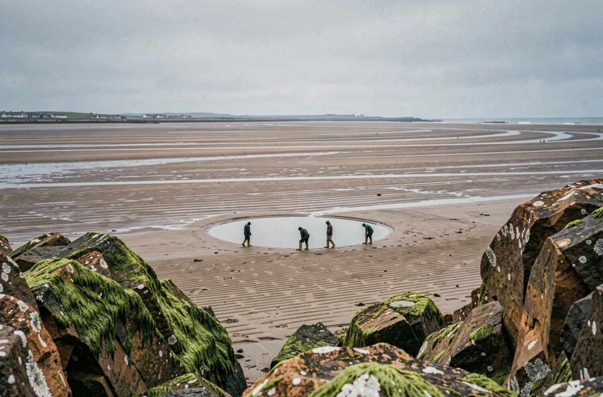 Vue panoramique de la baie de Saint-Brieuc à marée basse avec vasières exposées et silhouettes de promeneurs en Bretagne