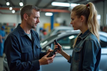 Mécanicien expliquant différences de pièces auto à une femme