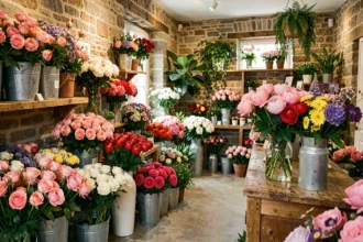Intérieur d'une boutique fleuriste dans le Pas-de-Calais avec des compositions florales variées