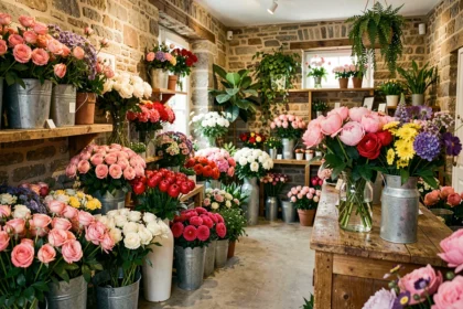 Intérieur d'une boutique fleuriste dans le Pas-de-Calais avec des compositions florales variées