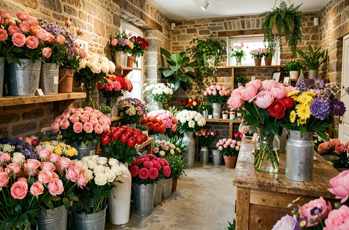Intérieur d'une boutique fleuriste dans le Pas-de-Calais avec des compositions florales variées