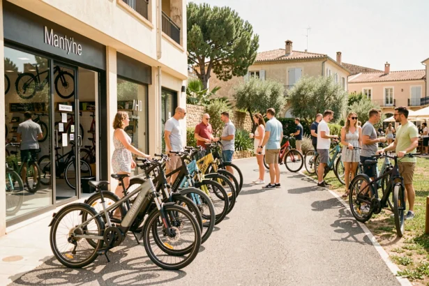 Vue d'ensemble de magasins de vélos électriques dans l'Hérault avec des clients qui découvrent des e-bikes en extérieur