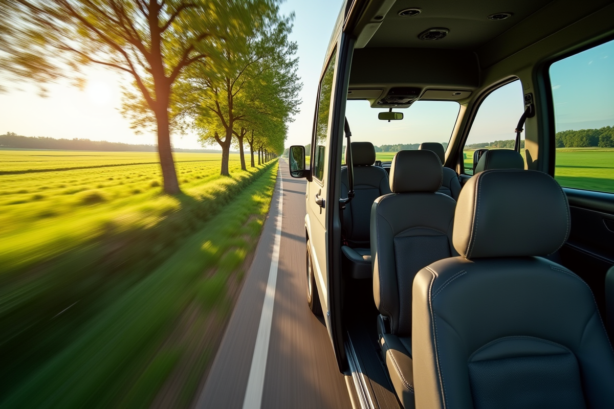 Minibus 15 places roulant dans la campagne avec champs verts