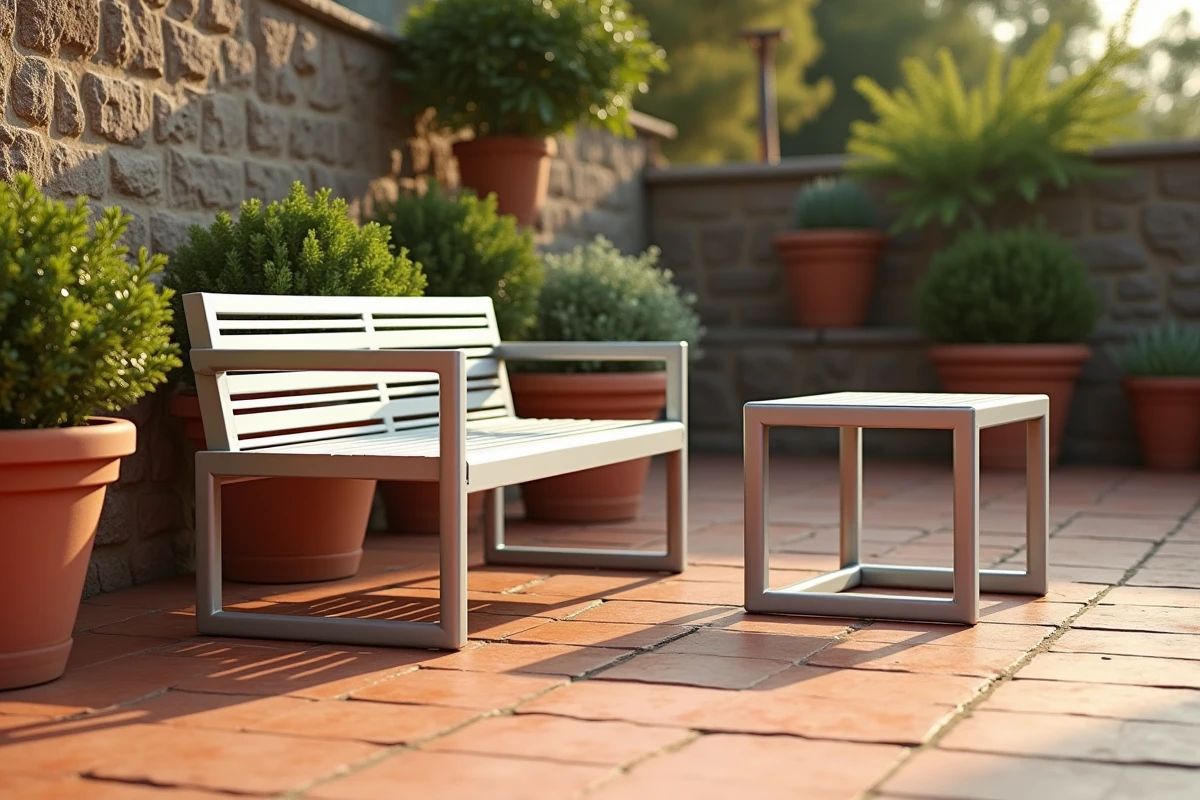 Mobilier de jardin artisanal fabriqué en tubes carrés en aluminium sur une terrasse en carrelage