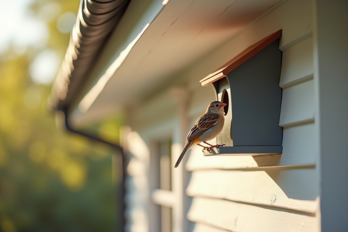 Un moineau entrant dans une maison en PVC sous un auvent