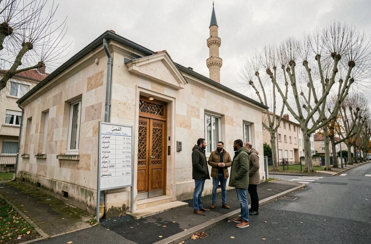 Façade d'une mosquée de Meaux avec tableau des horaires de prière affiché à l'entrée