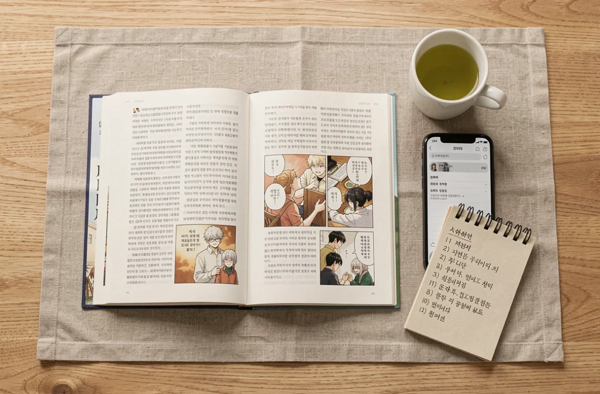 Flat-lay de volumes de manhwa ouverts avec liste d'ordre de lecture et tasse de thé sur une table