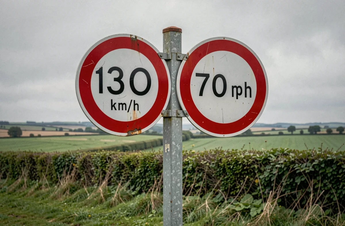 Panneaux de signalisation routière côte à côte indiquant les limites de vitesse en km/h et en mph à la frontière franco-britannique