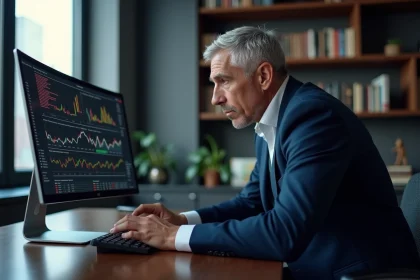 Parieur professionnel analysant des stratégies de mise sur un écran d'ordinateur dans un bureau élégant