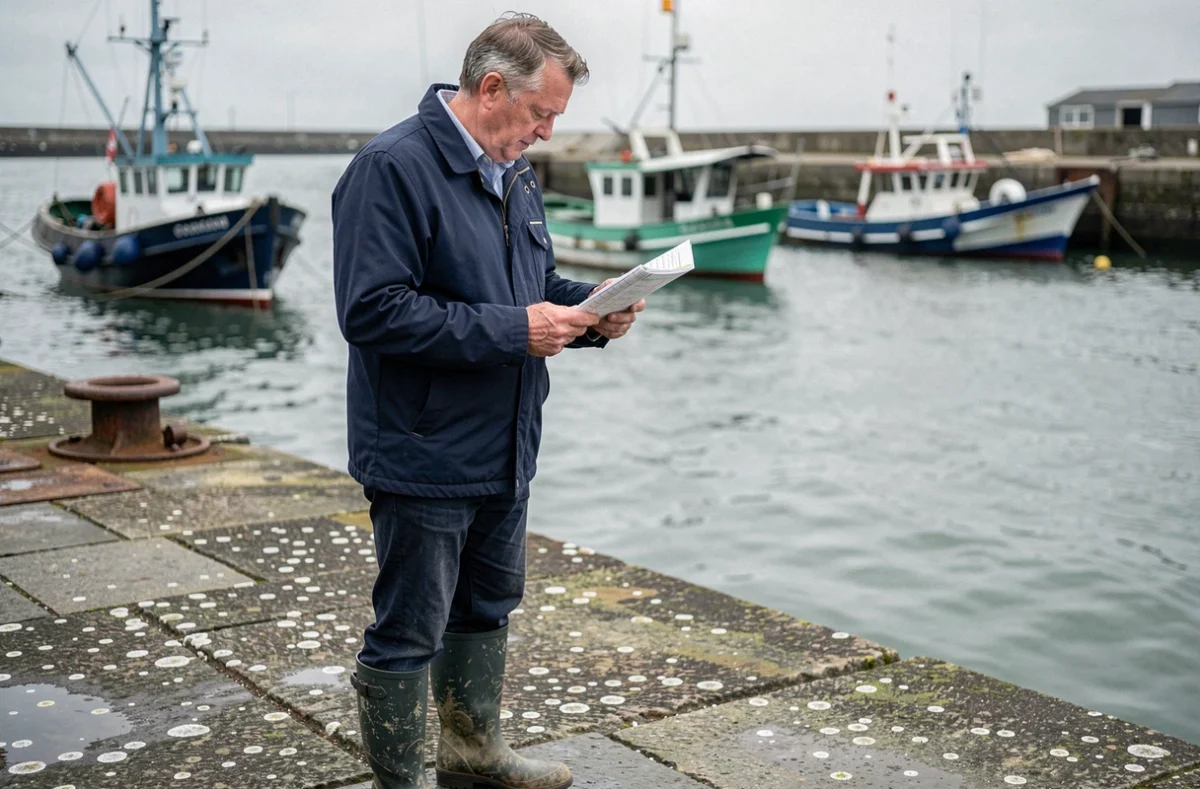 Pêcheur breton consultant un tableau des marées sur le port de Saint-Brieuc, bateaux amarrés en arrière-plan