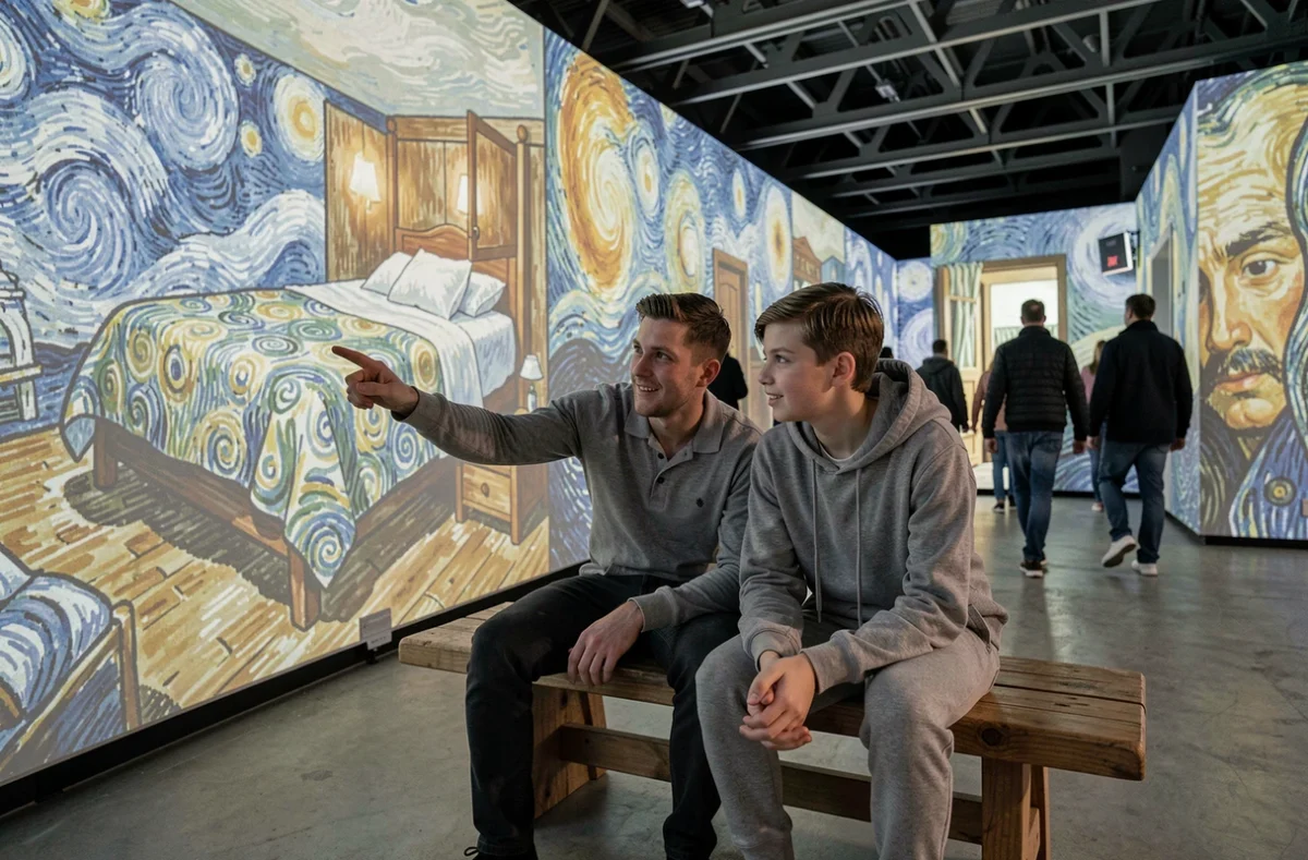 Père et fils assis dans une salle d'exposition immersive Van Gogh observant la projection de La Chambre à Arles