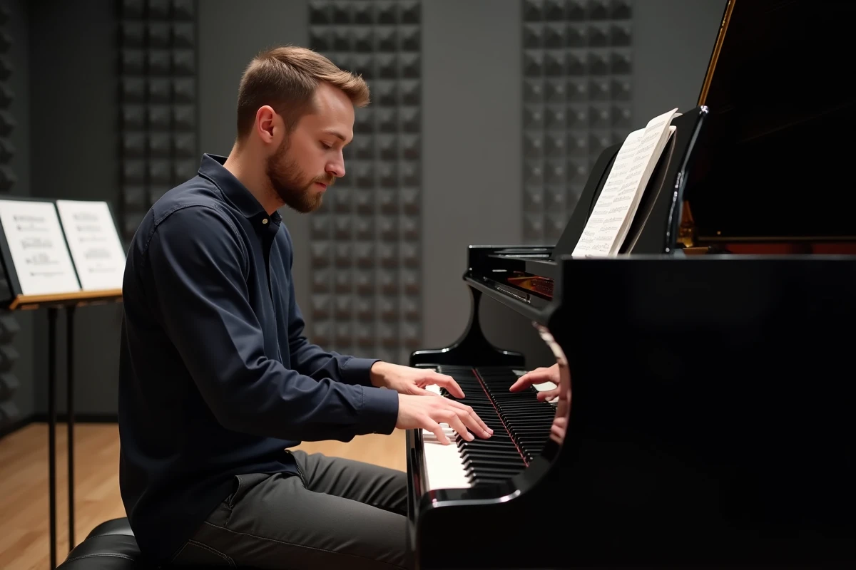 Pianiste masculin en studio de musique travaillant les accords main gauche et main droite d'une chanson au piano à queue