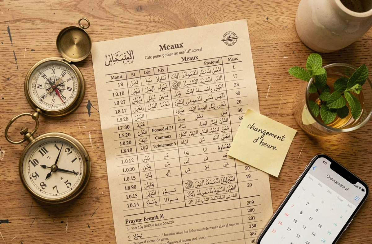Planning des horaires de prière de Meaux avec horloge et calendrier pour le changement d'heure