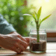 Mains plantant un bambou dans un verre d'eau naturel