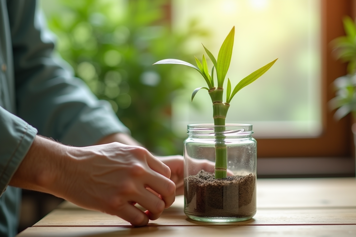 Mains plantant un bambou dans un verre d'eau naturel