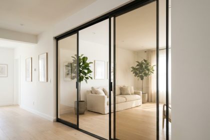 Couloir intérieur moderne avec porte coulissante vitrée à cadre noir séparant un salon lumineux