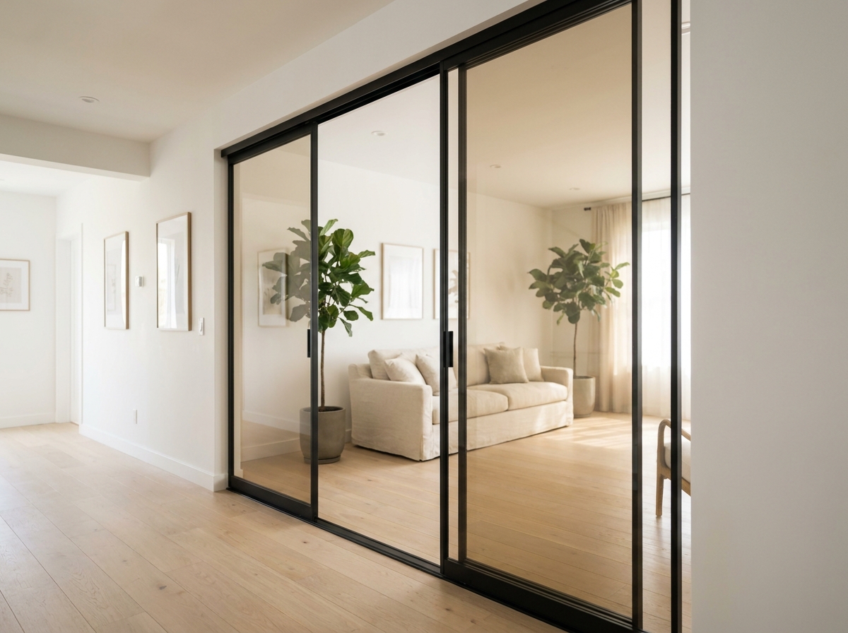 Couloir intérieur moderne avec porte coulissante vitrée à cadre noir séparant un salon lumineux