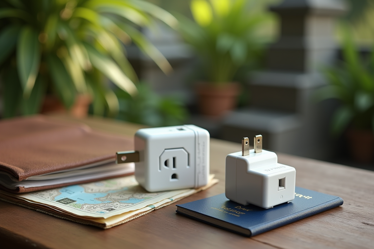 Prise électrique Type C avec adaptateur sur une table en plein air