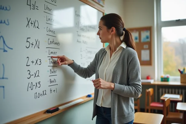 Professeure des écoles devant un tableau de conversion litres et cm3 dans une salle de classe
