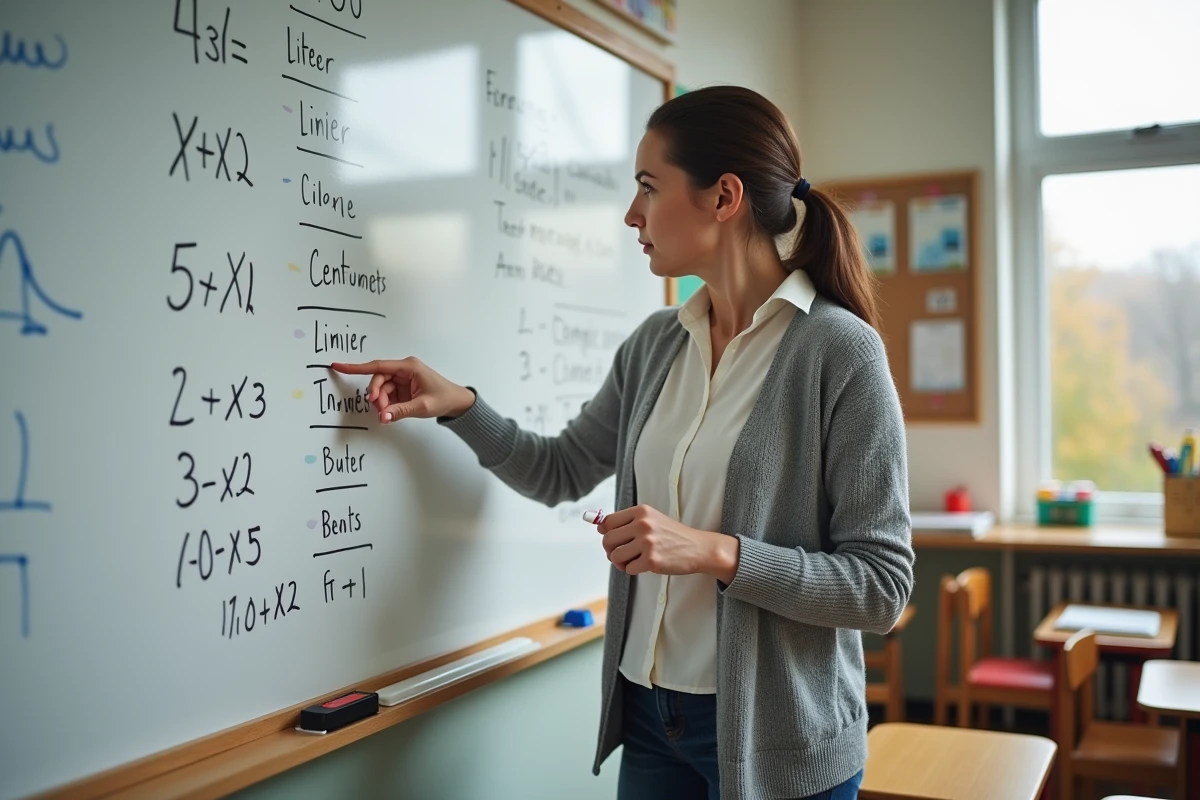 Professeure des écoles devant un tableau de conversion litres et cm3 dans une salle de classe