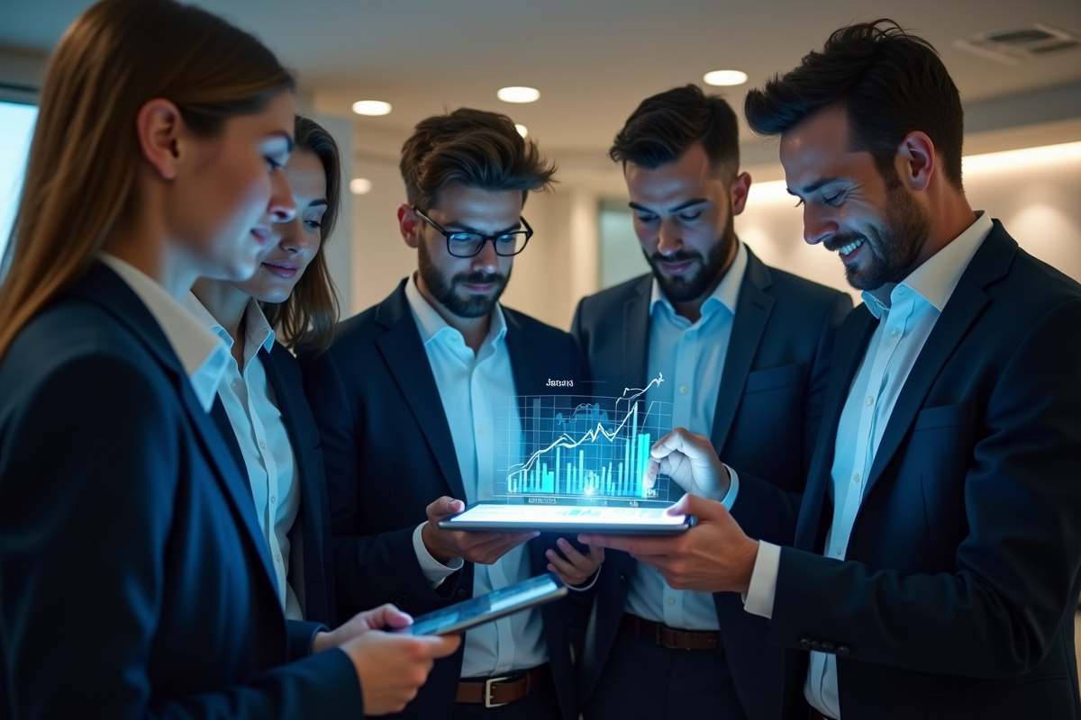 Professionnels français discutant devant un graphique financier
