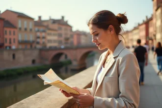Femme consultant une carte touristique sur le Pont Neuf de Toulouse avec vue sur la Garonne et les façades en briques roses