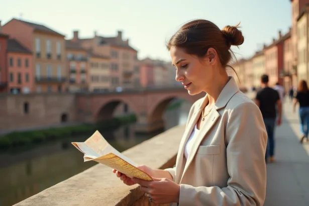 Femme consultant une carte touristique sur le Pont Neuf de Toulouse avec vue sur la Garonne et les façades en briques roses