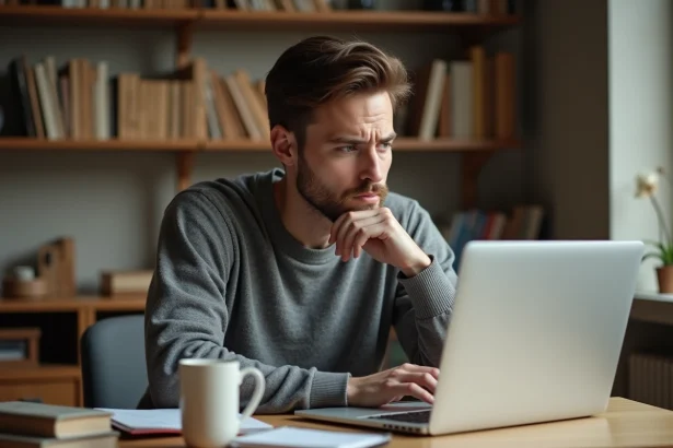 Homme réfléchissant devant un ordinateur portable avec un carnet de notes, illustrant l'équilibre entre chercher une aide et résoudre soi-même un défi comme Pédantix