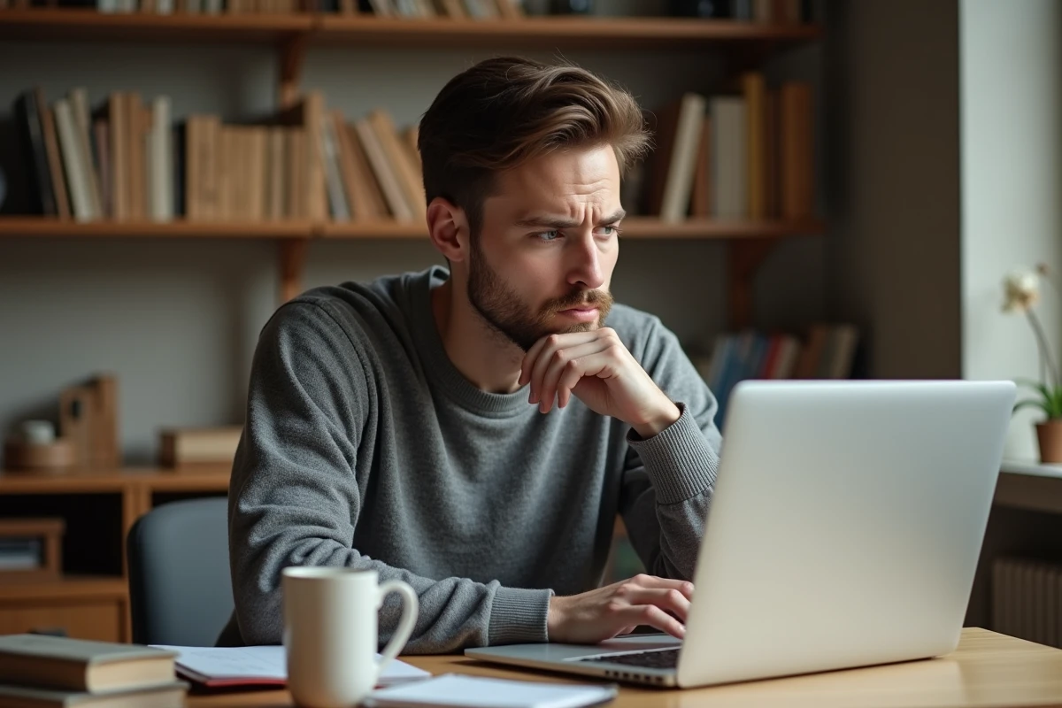 Homme réfléchissant devant un ordinateur portable avec un carnet de notes, illustrant l'équilibre entre chercher une aide et résoudre soi-même un défi comme Pédantix