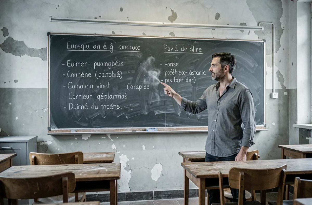 Professeur de français devant un tableau noir universitaire expliquant la différence de registre de langue entre s'amenuiser et diminuer