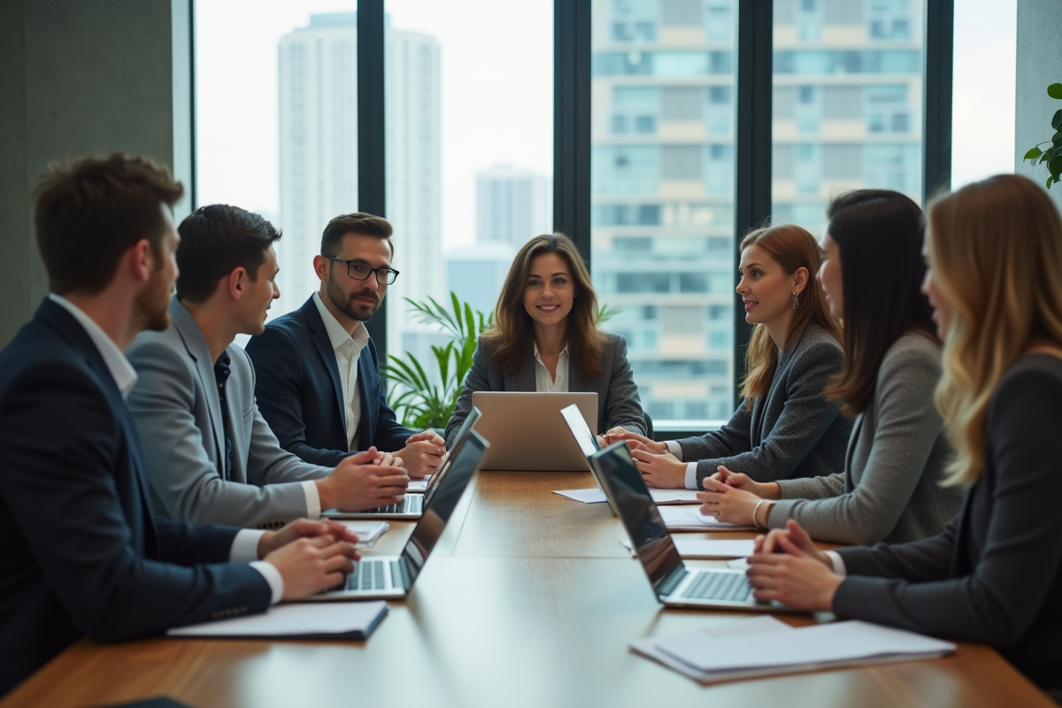 Groupe de collègues en réunion dans un bureau contemporain