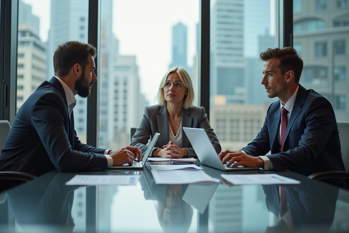 Groupe de trois personnes en discussion dans un bureau moderne