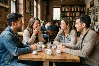 Groupe d'amis autour d'une table de café réagissant avec un rire gêné à une blague d'humour noire